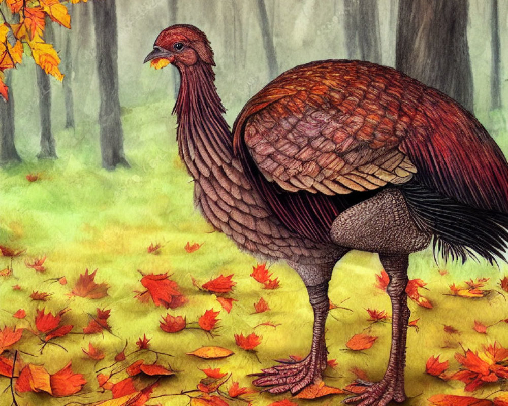 Illustrated turkey in autumn forest with misty trees