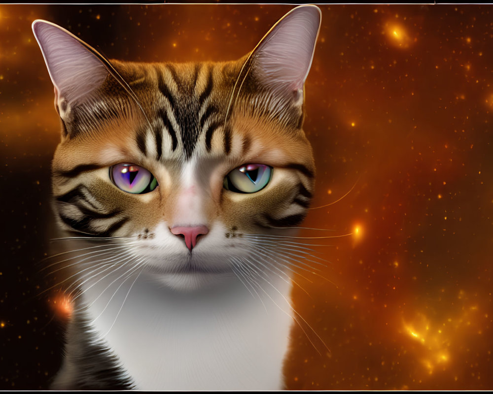 Colorful Cat Art Against Orange Cosmic Background