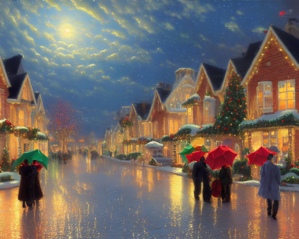 Cozy street scene with Christmas lights and people walking on a rainy evening