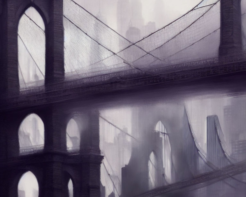 Gothic arches bridge in mist with city silhouettes