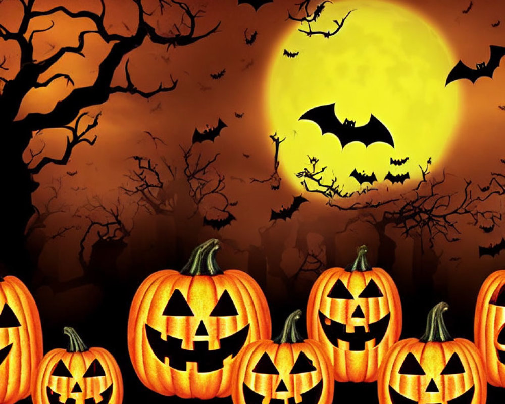 Pumpkin Carvings, Moon, Bats & Trees in Halloween Image