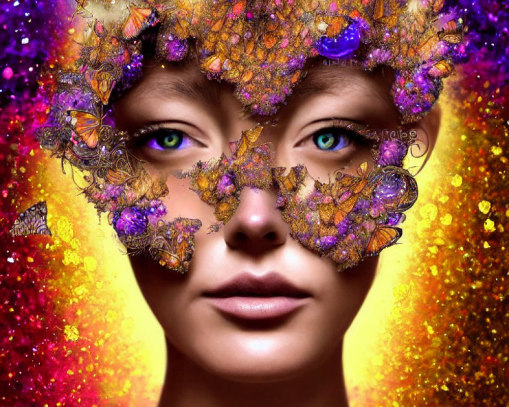 Woman's face with butterfly floral patterns on eyes against multicolored background