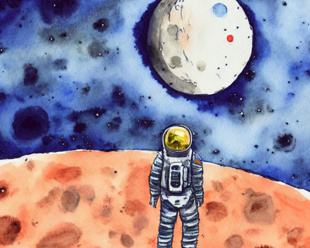 Astronaut admires moon and starry sky on reddish alien surface