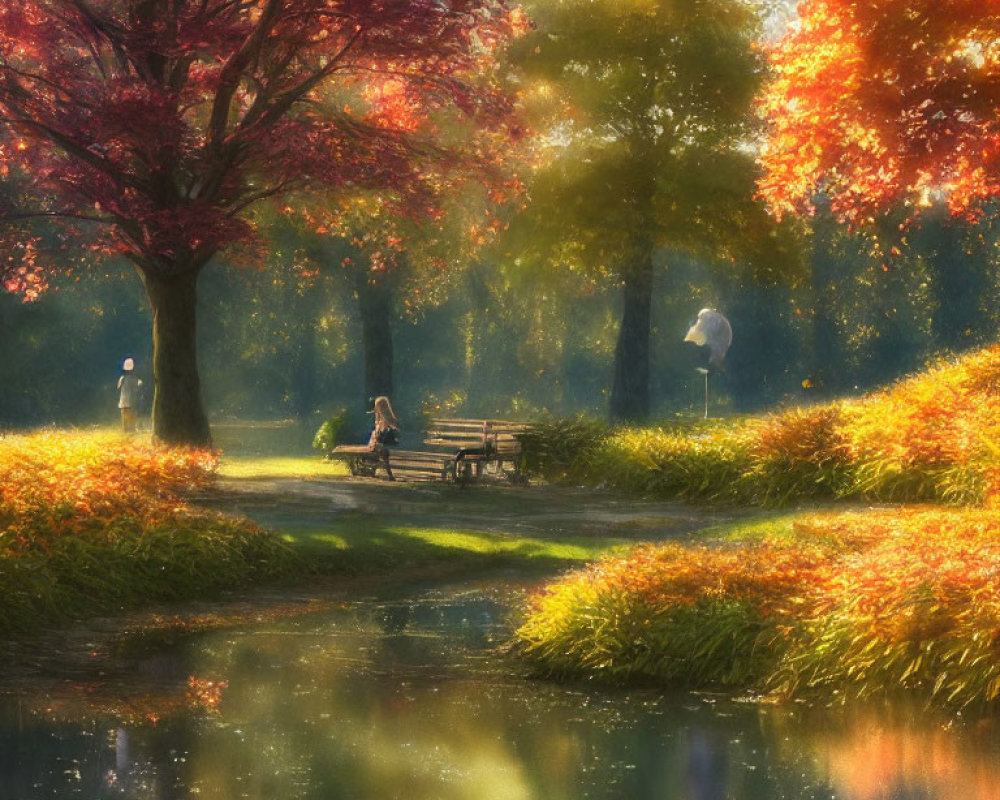 Tranquil Autumn Park Scene with Person on Bench, Pond, and Sunlight