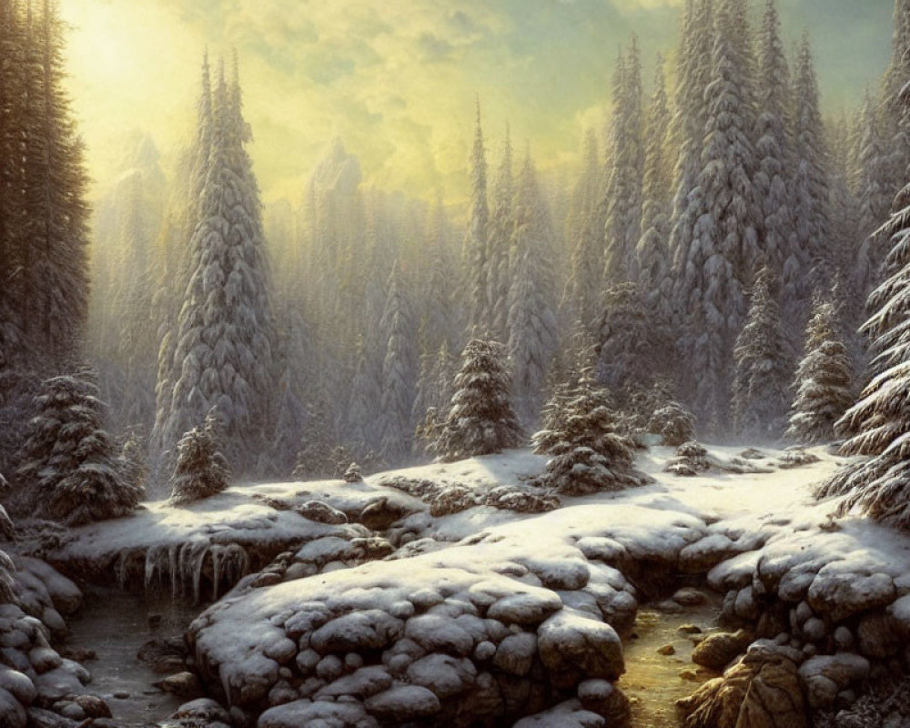 Snow-covered trees and stream in serene winter landscape