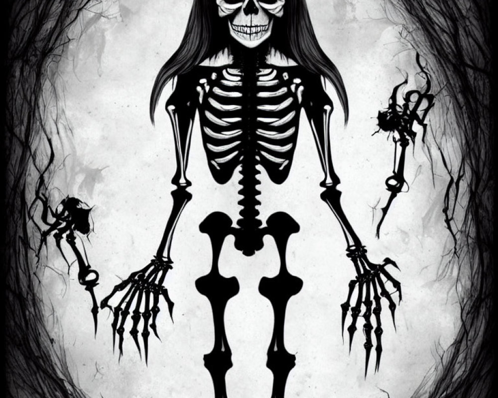 Elongated skeletal figure with large hands surrounded by spiders on cobwebbed background