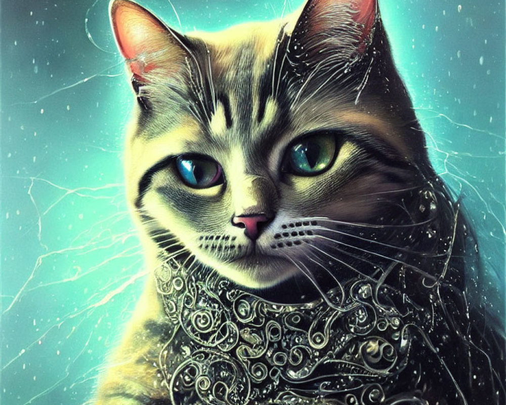 Stylized cat illustration in ornate armor with green eyes and mystical blue glow