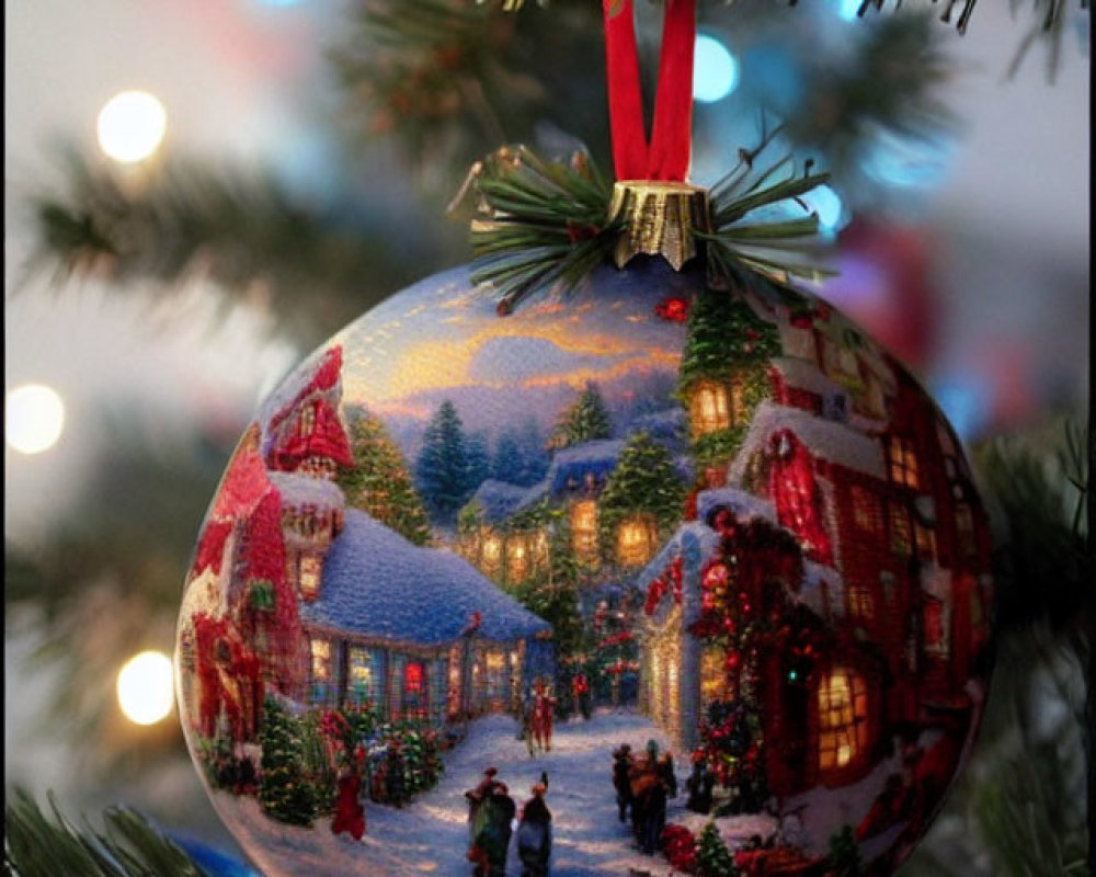 Winter Village Scene Christmas Tree Ornament Hanging with Soft-focus Lights