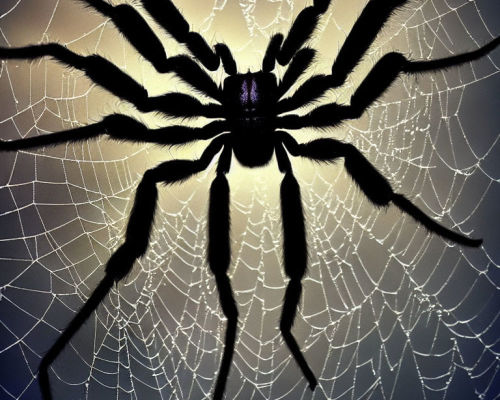 Silhouetted spider on intricate backlit web with slender legs.