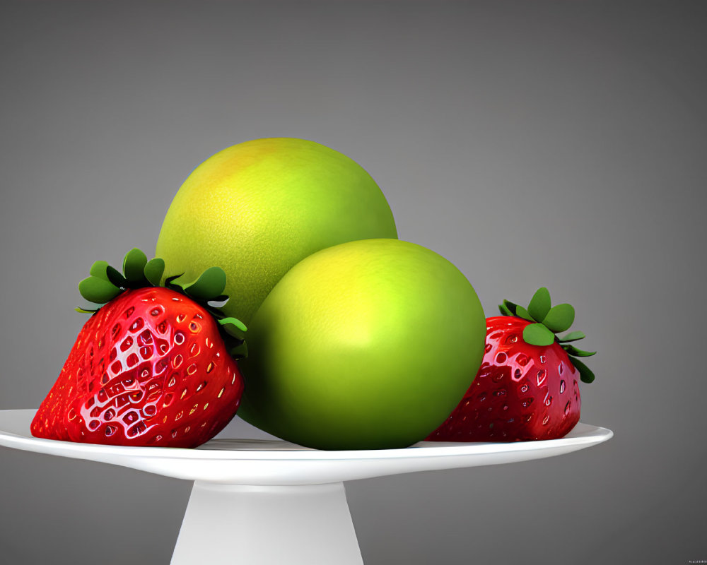 Digital artwork featuring strawberries and limes on white plate with gray background