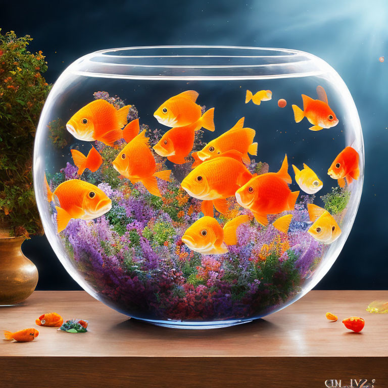 Colorful Fishbowl with Orange Goldfish and Purple Plants on Table with Starry Background