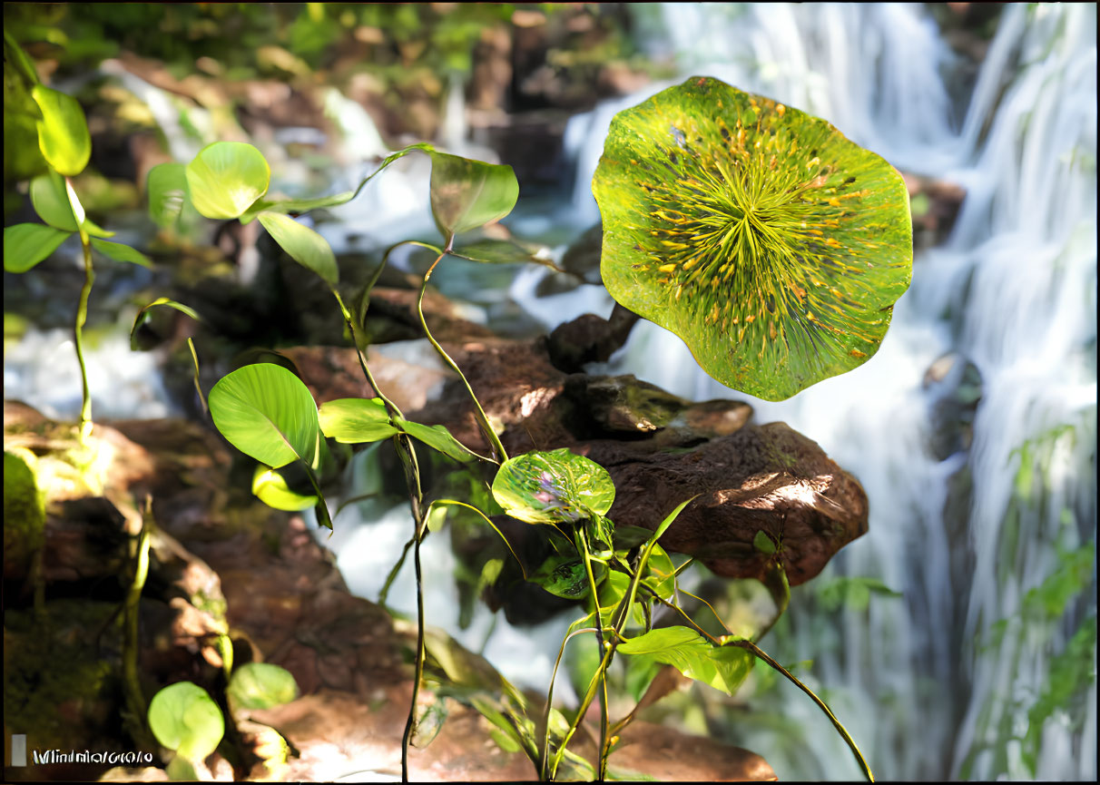 Green lily pad with unique patterning above stream and waterfall