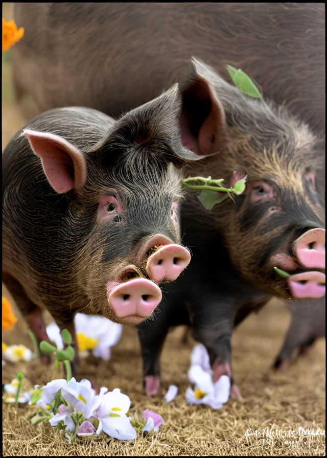 Shiny-coated pigs with prominent snouts in flower field.