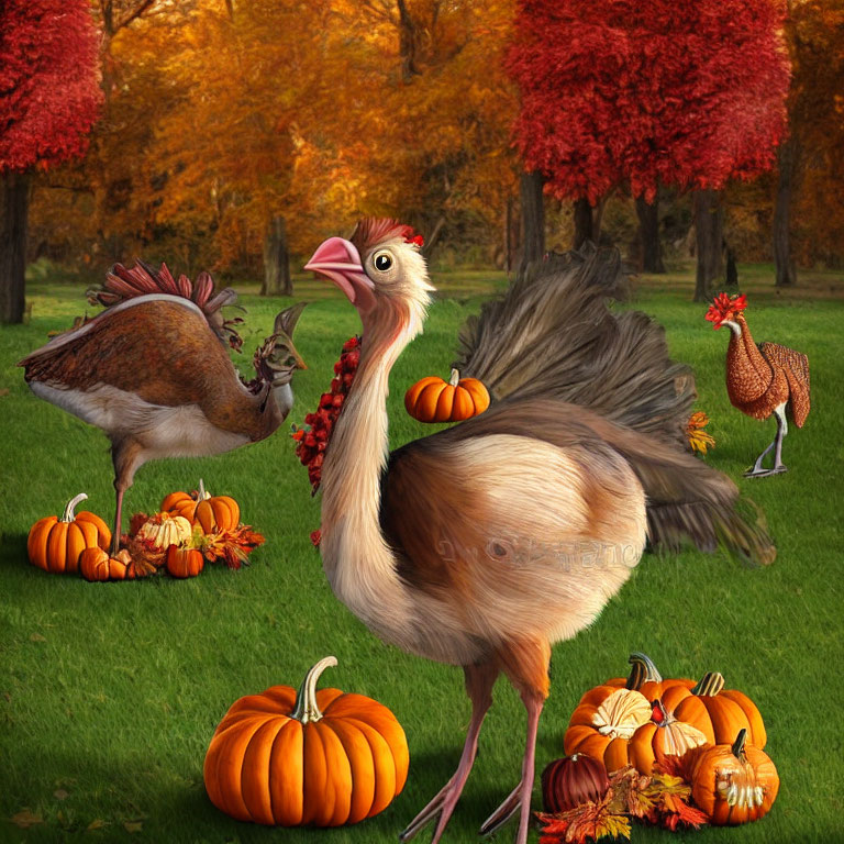 Whimsical digital artwork: anthropomorphic chickens in autumnal scene