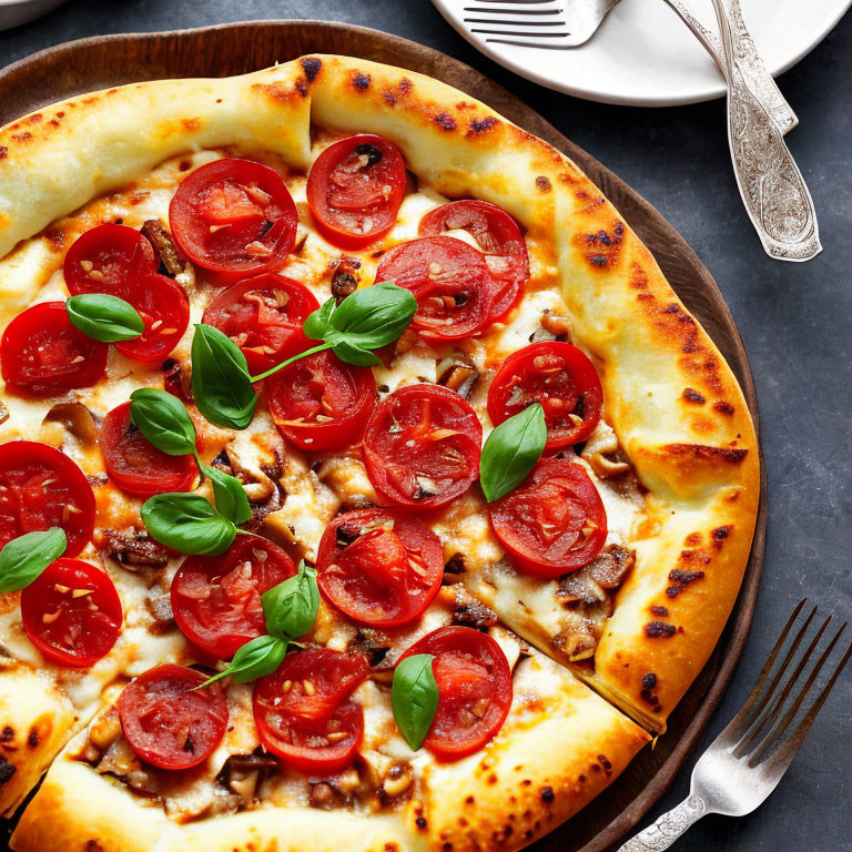 Fresh Pizza with Tomato, Basil, and Mushrooms on Dark Surface