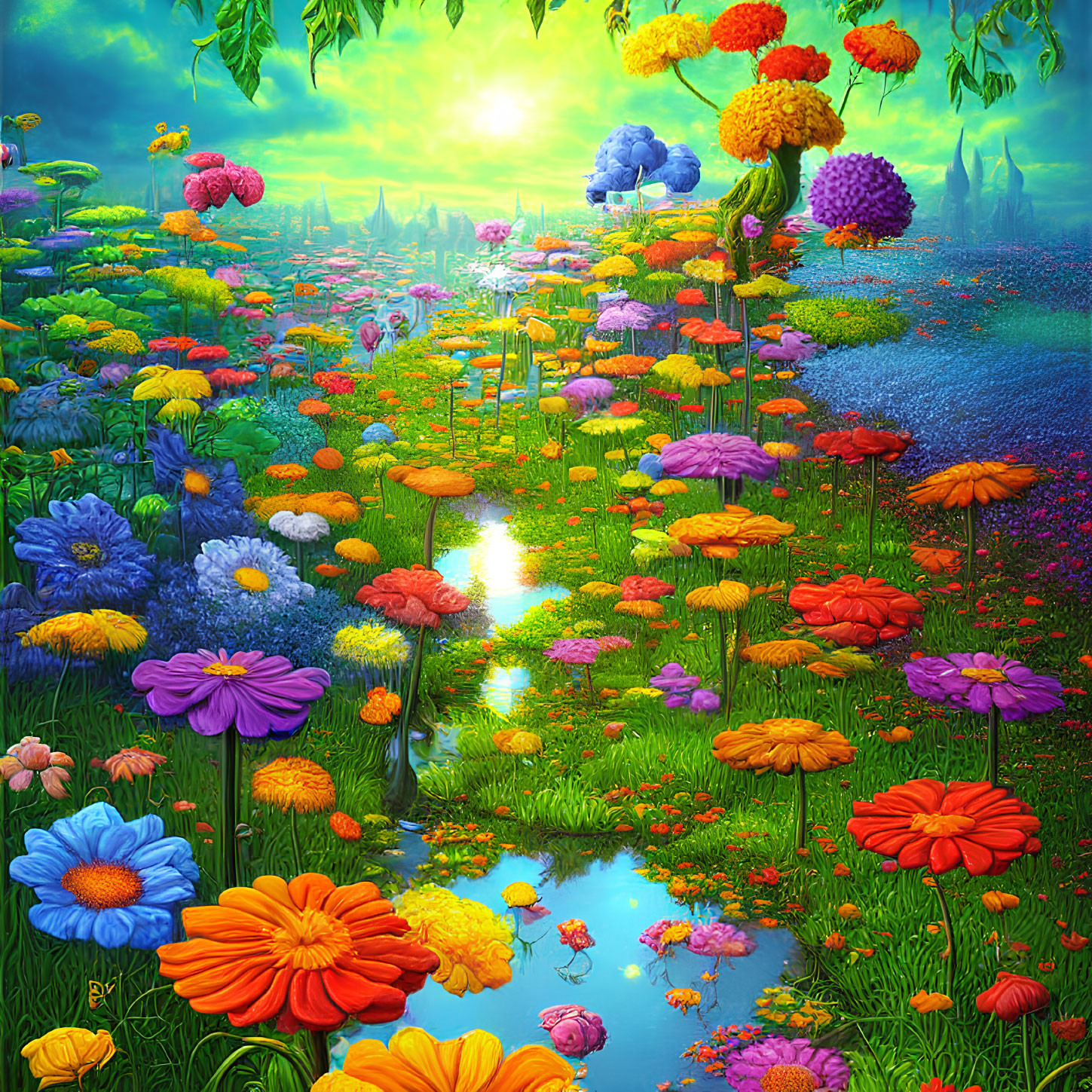 Colorful garden with blooming flowers, meandering stream, and whimsical forest background