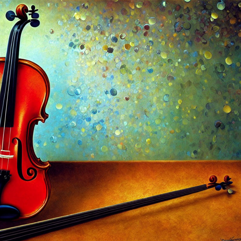 Colorful painting of violin and bow against bokeh circles