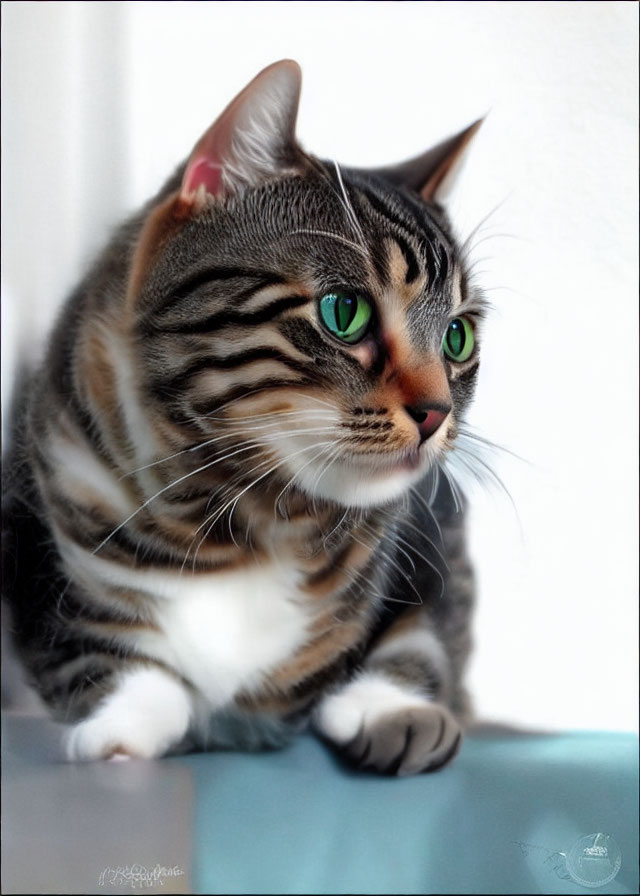 Striped cat with green eyes in bright interior setting