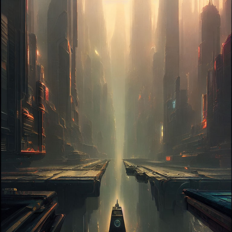 Futuristic cityscape with towering skyscrapers and glowing haze, featuring a boat in water can