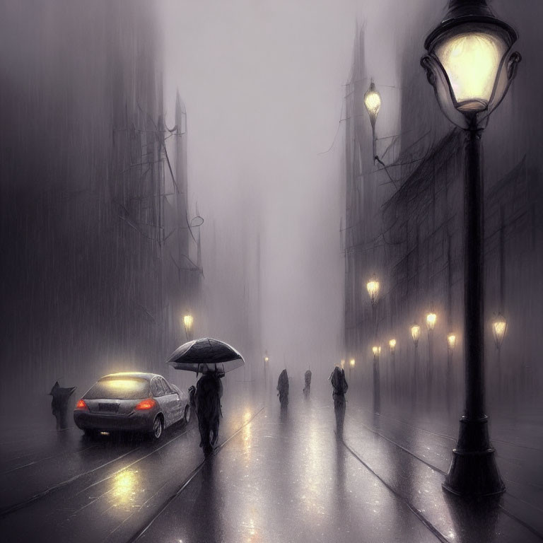 Rainy Dusk Street Scene with Glowing Lamps, Car, and Silhouetted Figures