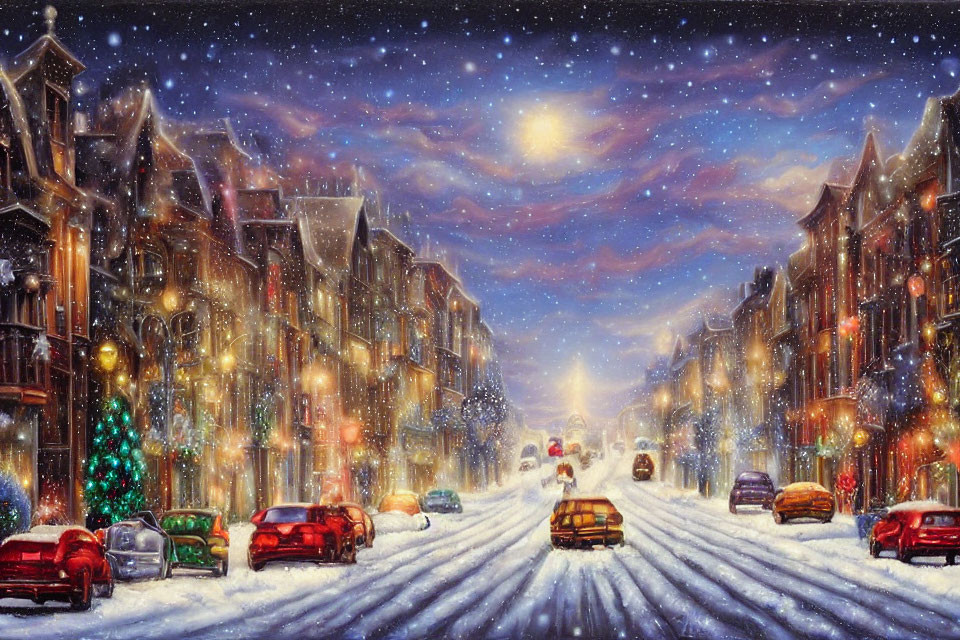 Victorian-style houses on snowy street at night with Christmas lights and starry sky