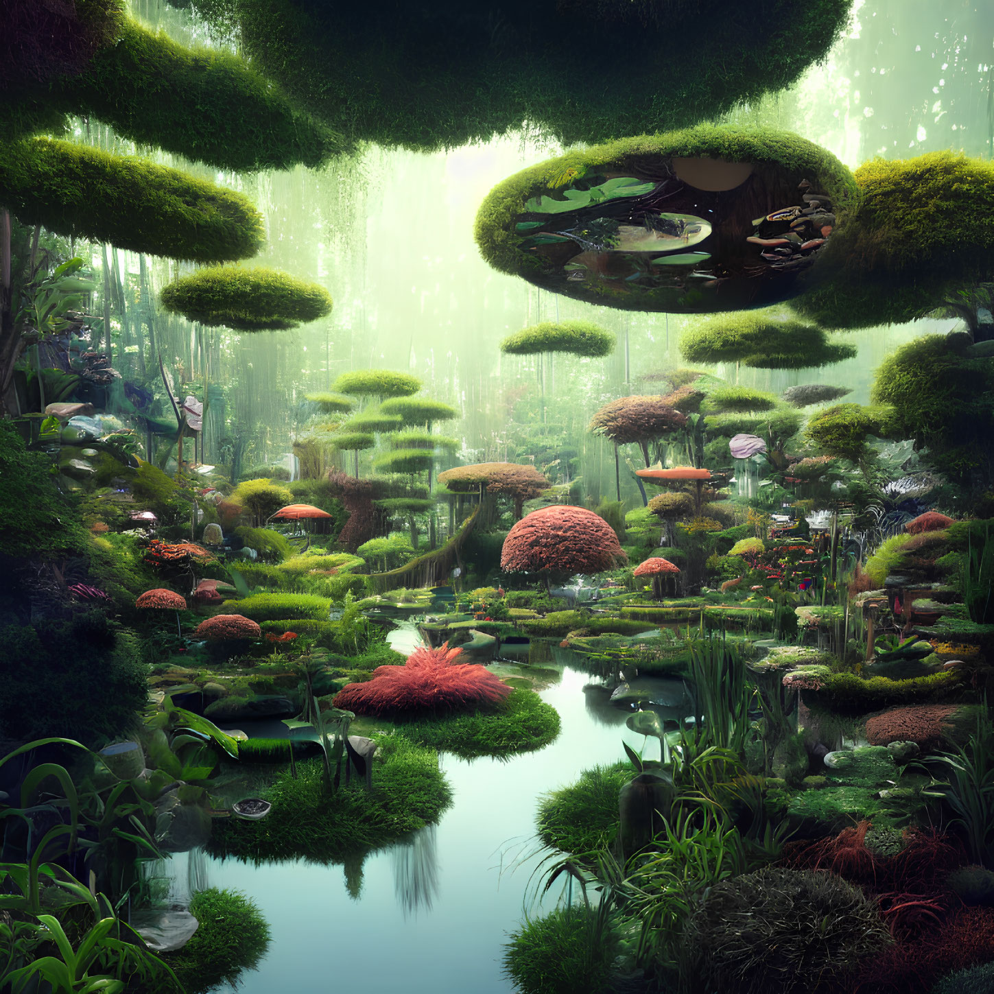 Vibrant forest with floating islands, mushroom-like flora, and serene pond