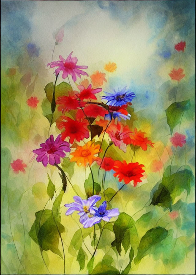 Colorful Watercolor Painting of Vibrant Flowers and Leaves on Soft Blurry Background