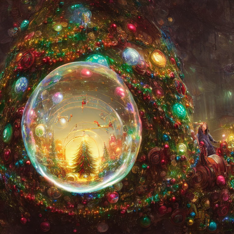 Colorful Ornaments on Whimsical Christmas Tree with Magical Bubble and Flying Reindeer