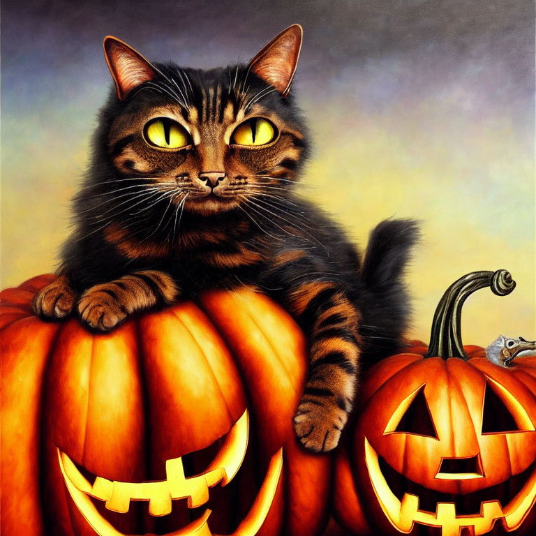 Striped cat on pumpkins with jack-o'-lantern and hidden mouse