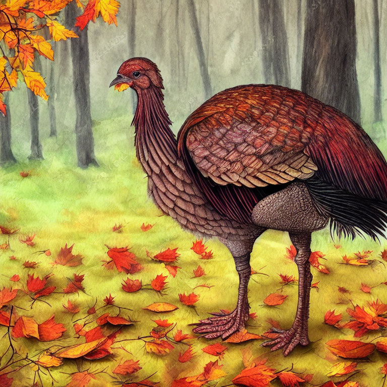 Illustrated turkey in autumn forest with misty trees