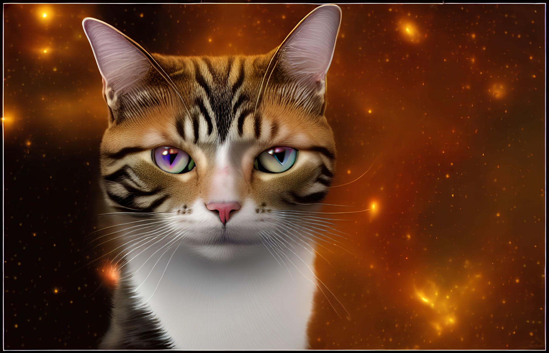 Colorful Cat Art Against Orange Cosmic Background