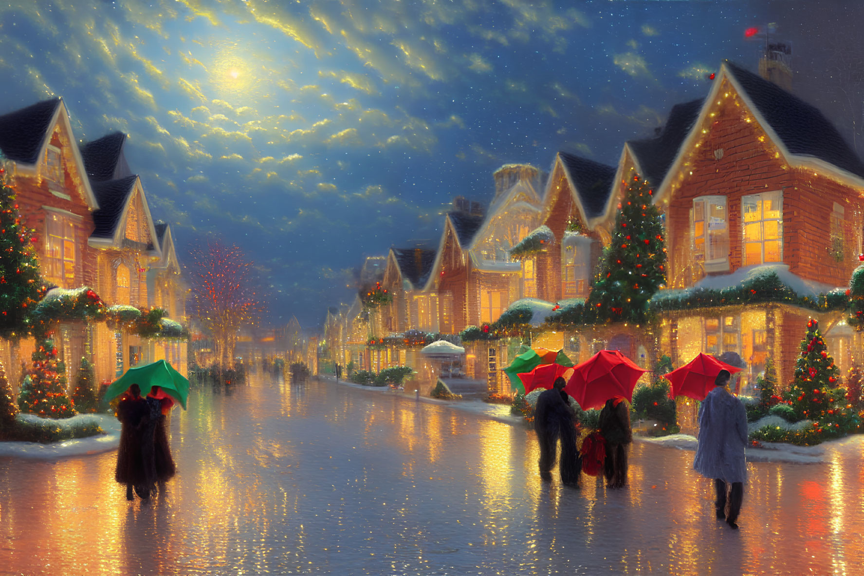 Cozy street scene with Christmas lights and people walking on a rainy evening