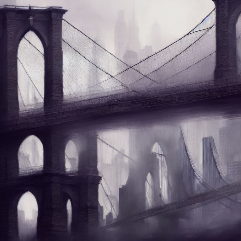 Gothic arches bridge in mist with city silhouettes