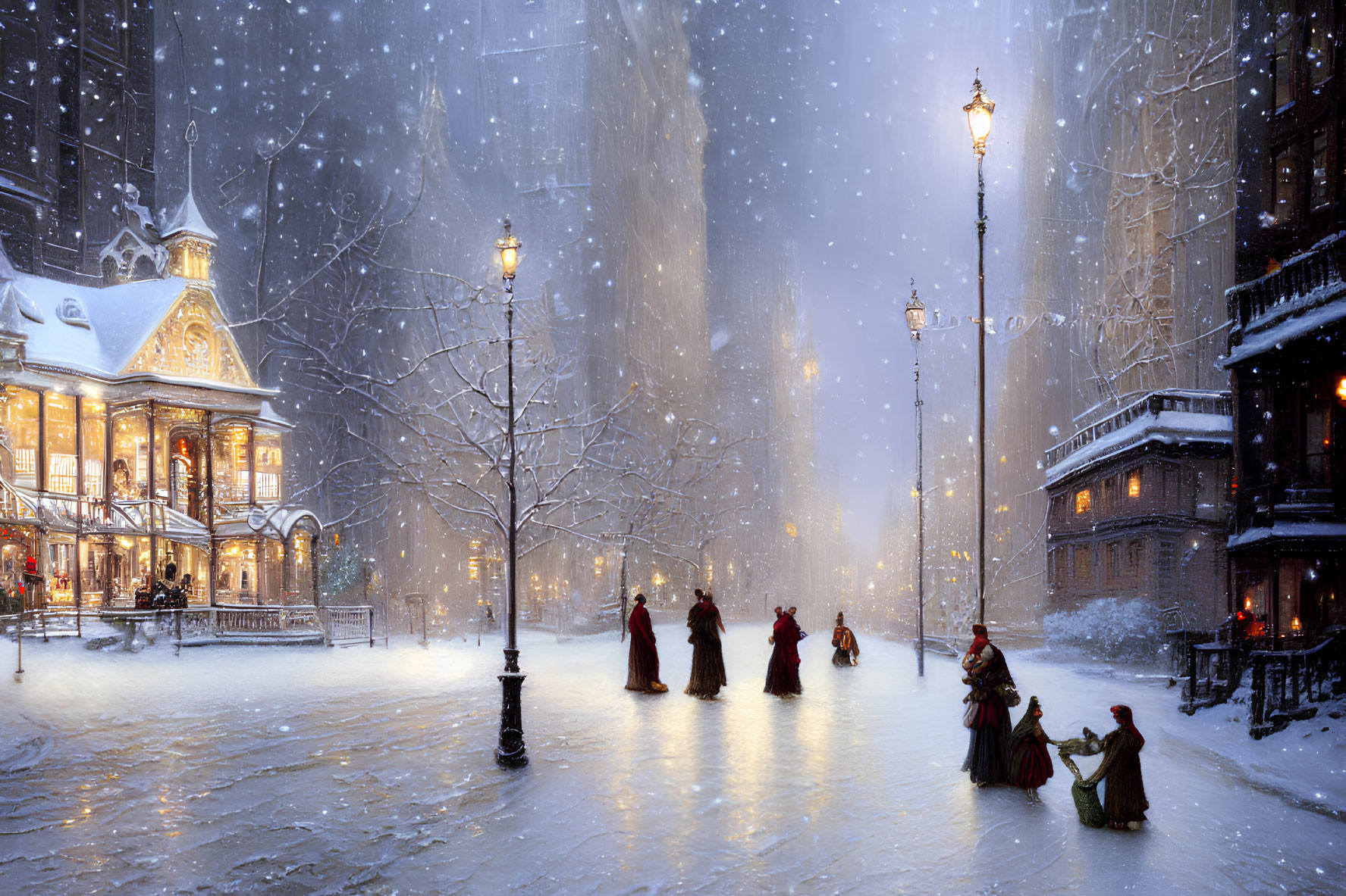 Historical figures in period costumes on snowy square at night