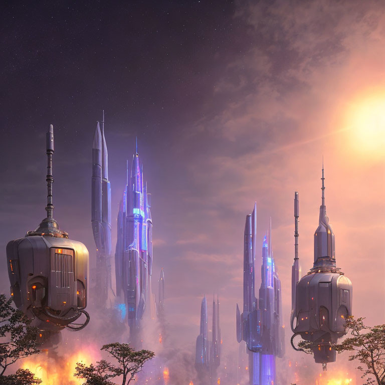 Futuristic cityscape with towering spires and floating vehicles at dusk