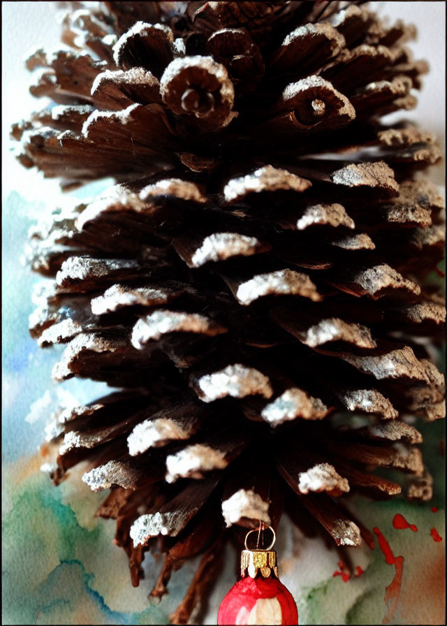 Pinecone with white dust and red & gold ornament for Christmas display