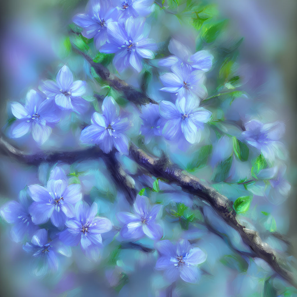 Delicate blue flowers on dark branch against lavender backdrop