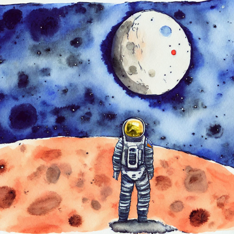 Astronaut admires moon and starry sky on reddish alien surface