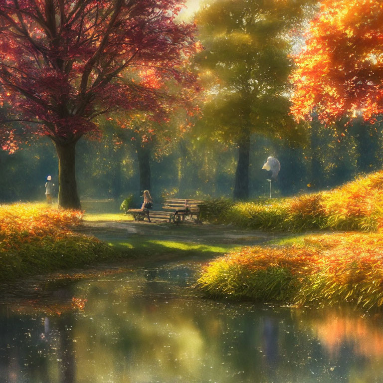 Tranquil Autumn Park Scene with Person on Bench, Pond, and Sunlight