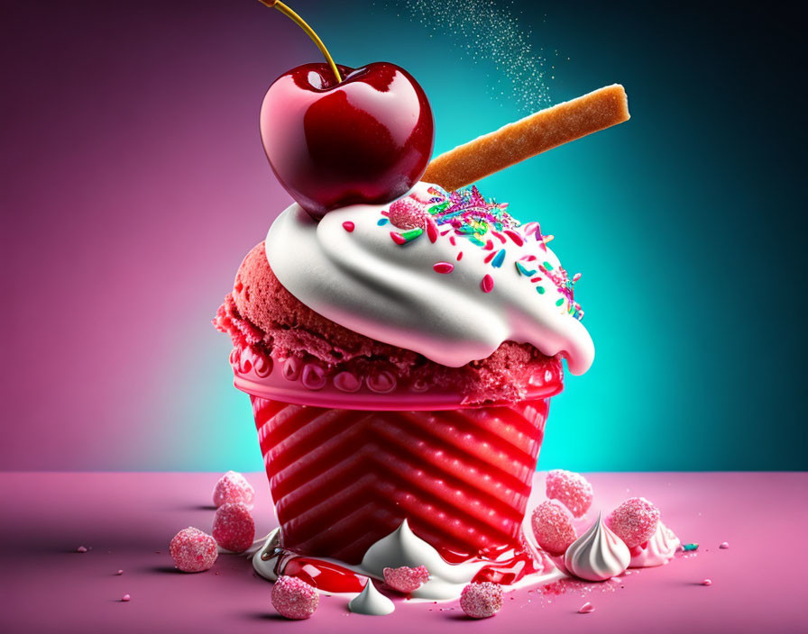 Colorful cherry-topped sundae with pink ice cream, wafer stick, sprinkles, and