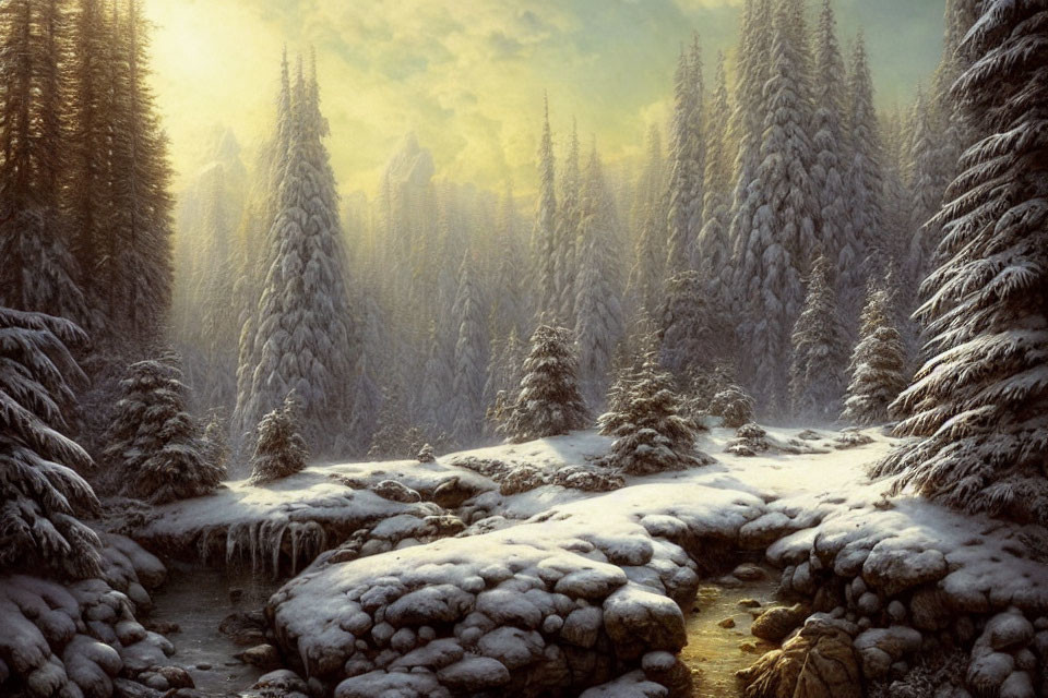 Snow-covered trees and stream in serene winter landscape