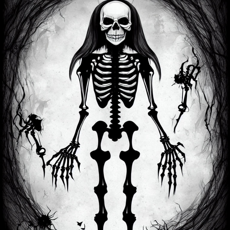 Elongated skeletal figure with large hands surrounded by spiders on cobwebbed background