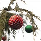 Red and Gold Christmas Ornament on Evergreen Branch