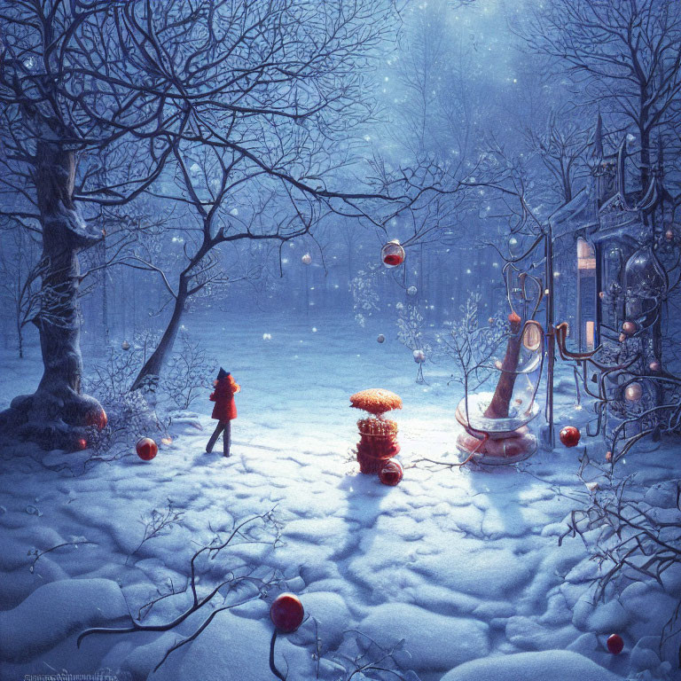 Winter Fantasy Scene with Red-Cloaked Figure, Glowing Orbs, Sled, and Cookies