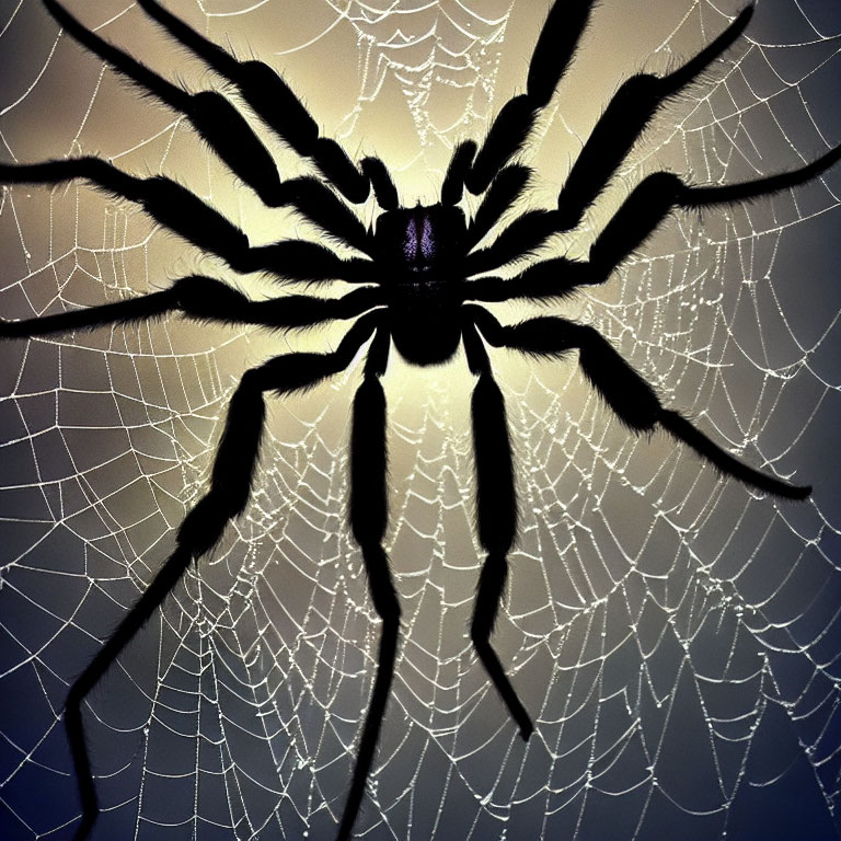 Silhouetted spider on intricate backlit web with slender legs.