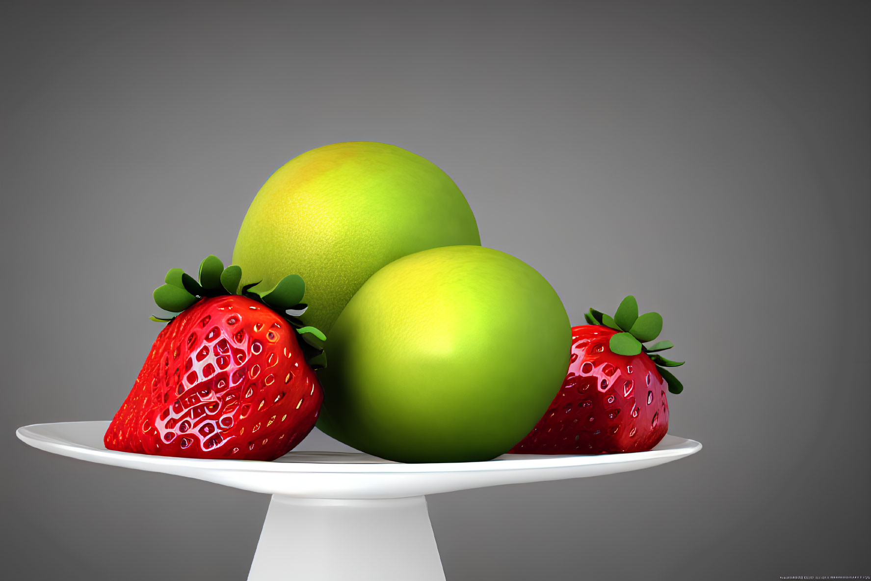 Digital artwork featuring strawberries and limes on white plate with gray background