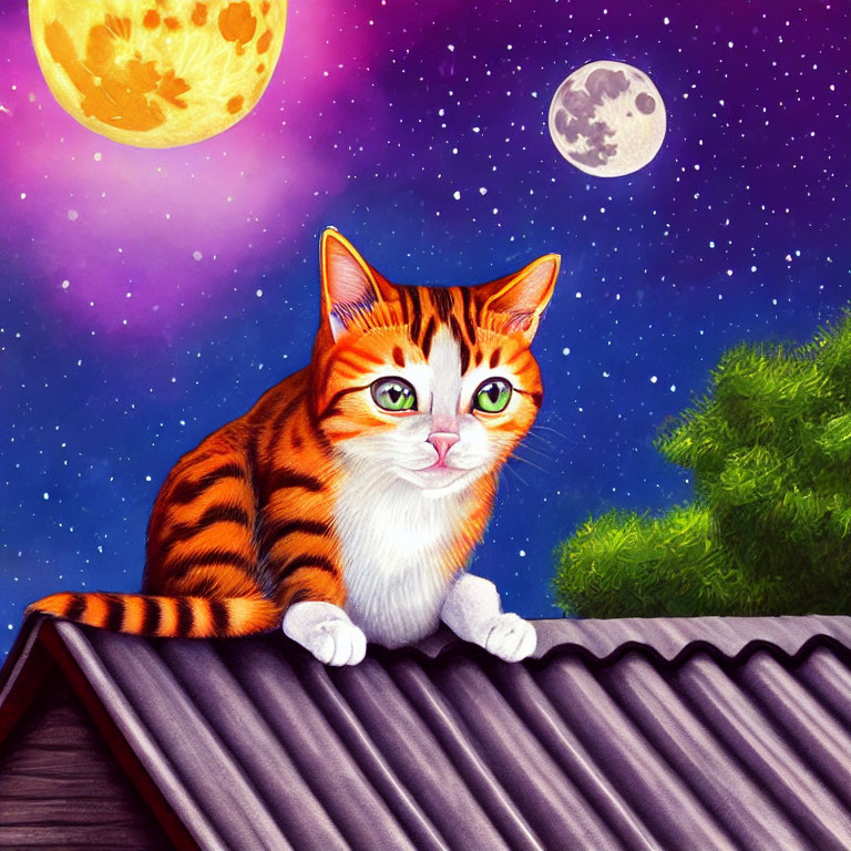 Illustration of orange striped cat under starry night sky