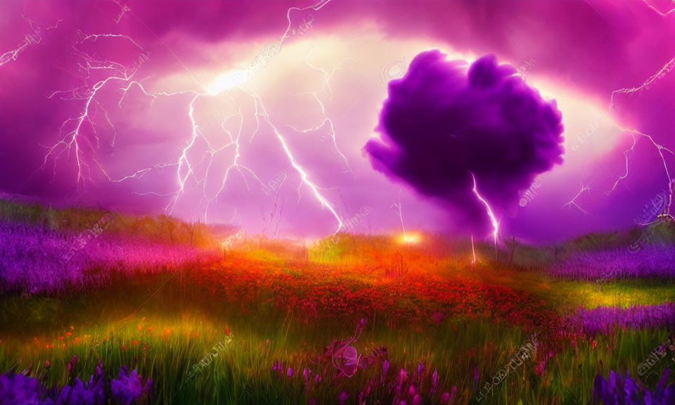 Colorful field of flowers under lightning-filled sky with unique cloud formation