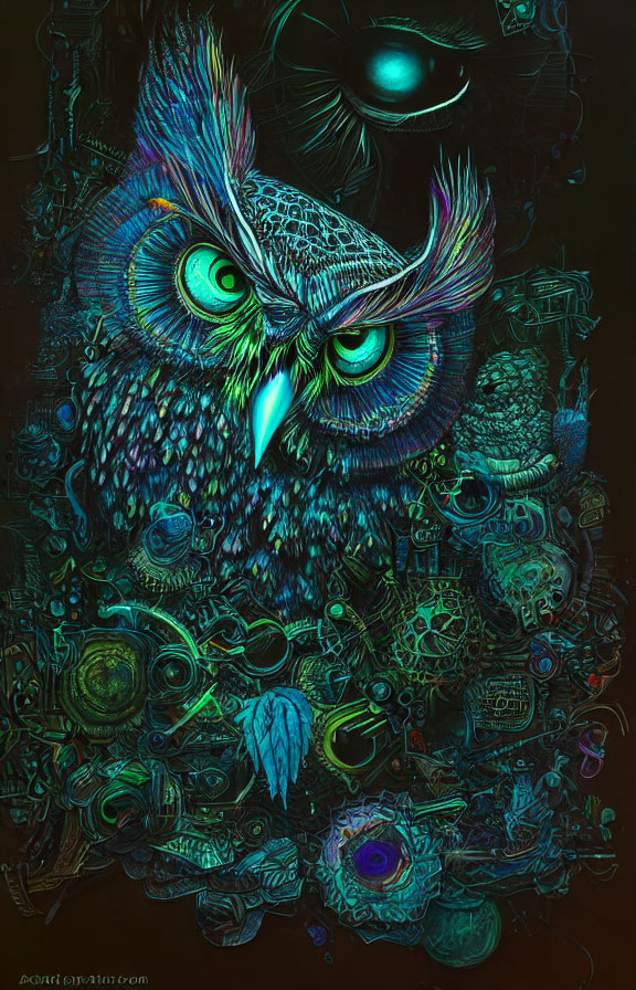 Colorful Stylized Owl Artwork with Abstract Mechanical Elements