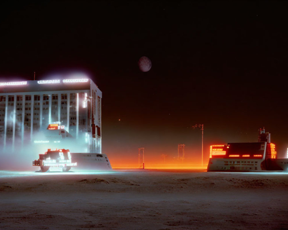 Futuristic illuminated building complex at night with glowing moon